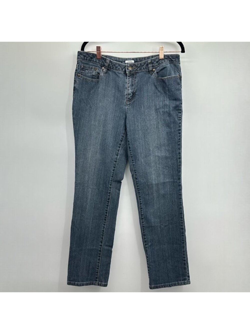 Liz Claiborne Dark Wash Stretch Embroidered Pockets Straight Leg Jeans Size 12